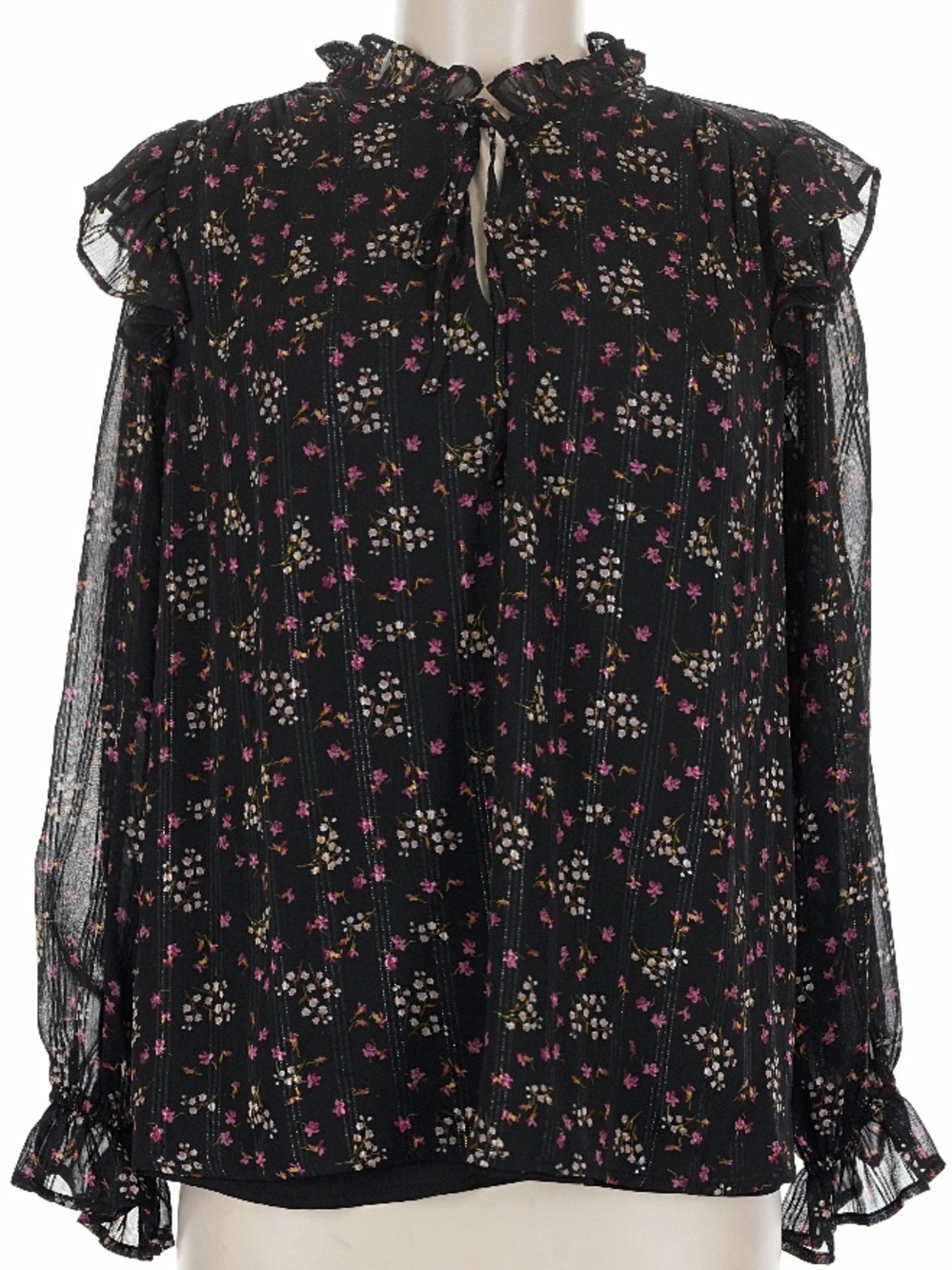 NWT CECE Black Floral Ruffle Sheer Long Sleeve Tie Neck Blouse Size Medium - Picture 3 of 6